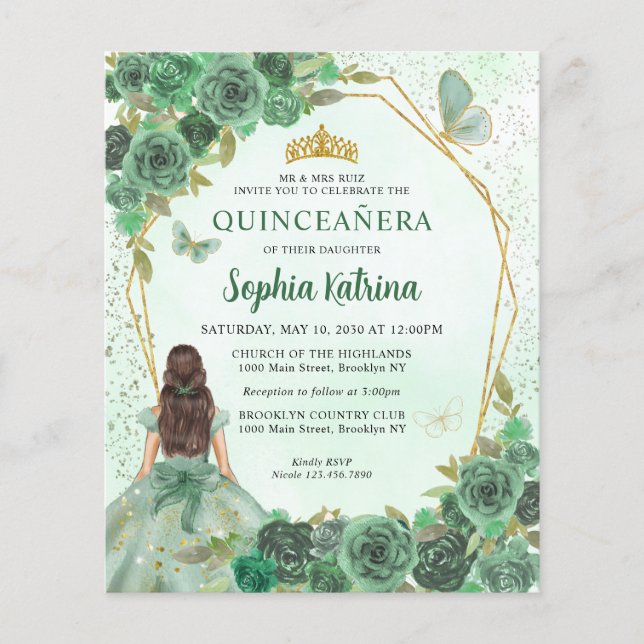 Papier Budget Green Gold Chic Floral Princesse Quinceañer (Devant)