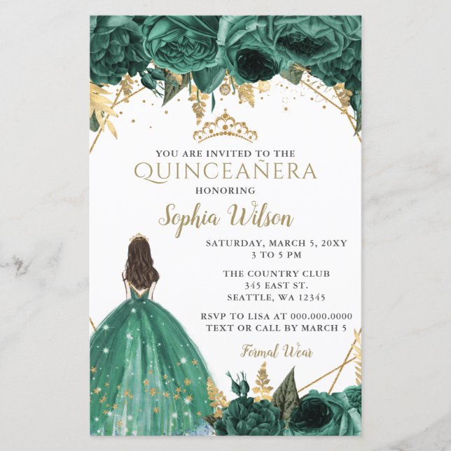 Papier Budget Green Gold Princesse Quinceañera Invitation (Devant)