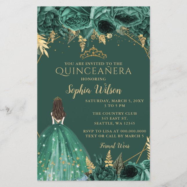 Papier Budget Green Gold Princesse Quinceañera Invitation (Devant)