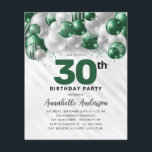 Papier Budget Green Silver Balloon Parties scintillant 30<br><div class="desc">Glam moderne Emerald Green Balloon Parties scintillant étincelante étincelle à tout âge Anniversaire Invitation</div>