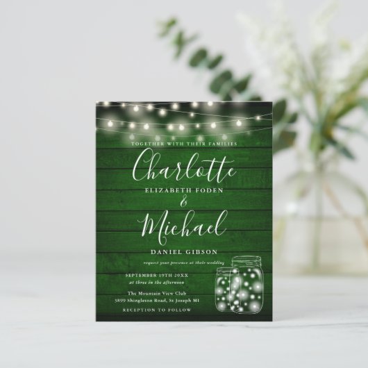 Papier Budget Green Wood Mason Jars Faire-part de mariage (Debout devant)