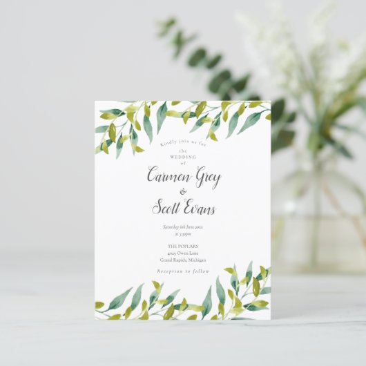 Papier Budget Greenery Chic Script Faire-part de mariage (Debout devant)