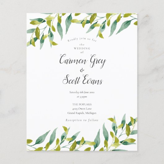 Papier Budget Greenery Chic Script Faire-part de mariage (Devant)