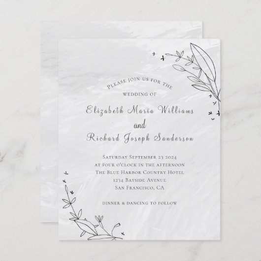 Papier Budget Grey Floral Line Faire-part de mariage d'ar (Devant / Derrière)