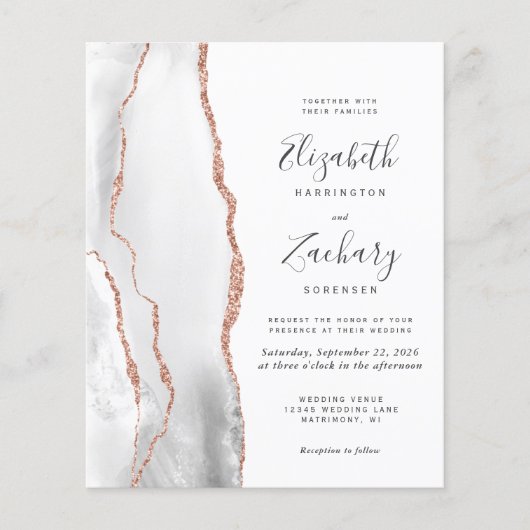 Papier Budget Grey Rose Gold Agate QR Code Mariage Invita (Devant)