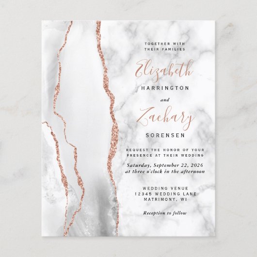 Papier Budget Gris Blanc Rose Or Agate Mariage en marbre (Devant)