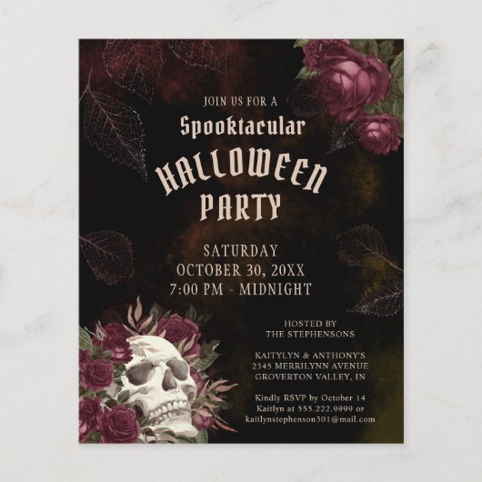 Papier Budget Halloween Parti Crâne Roses Invitation (Devant)