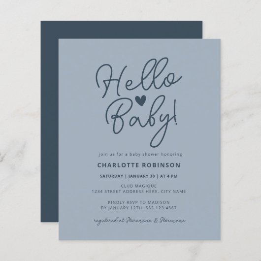 Papier Budget Hello Baby Dusty Baby shower bleu Invitatio (Devant / Derrière)