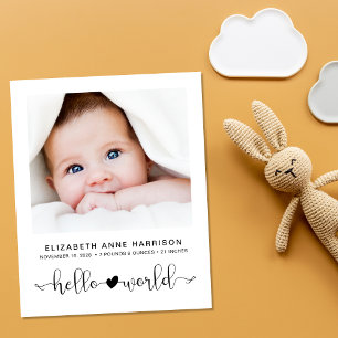 Papier Budget Hello World Baby Photo Faire-part de naissa
