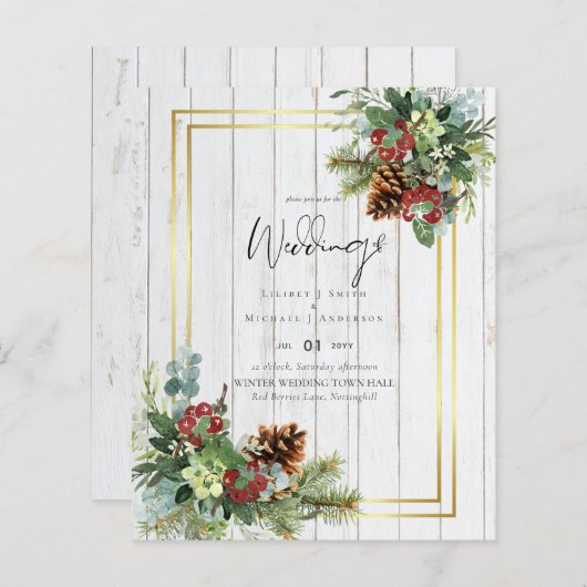 Papier BUDGET Hiver Baies rouges Pine Cônes Mariage (Devant / Derrière)