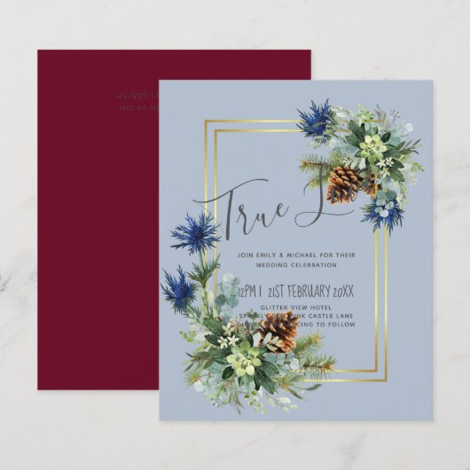 Papier BUDGET Hiver Bleu Chardon Mariage Invite (Devant / Derrière)