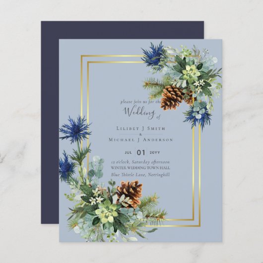 Papier BUDGET Hiver Bleu Chardon Mariage Invite (Devant / Derrière)