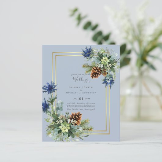 Papier BUDGET Hiver Bleu Chardon Mariage Invite (Debout devant)