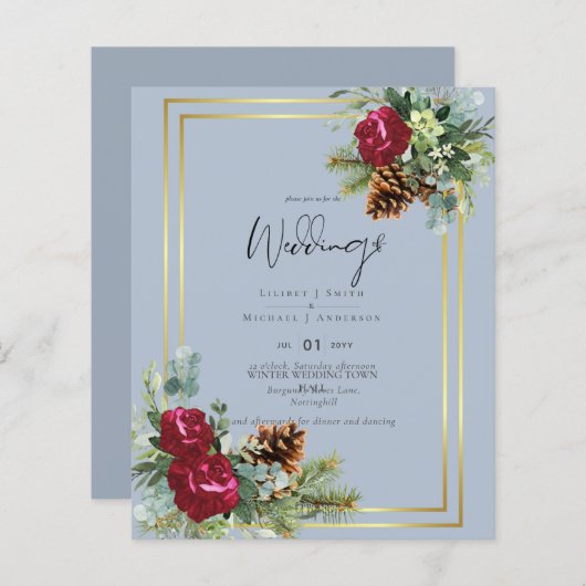 Papier BUDGET Hiver Bleu Chardon Mariage Invite (Devant / Derrière)