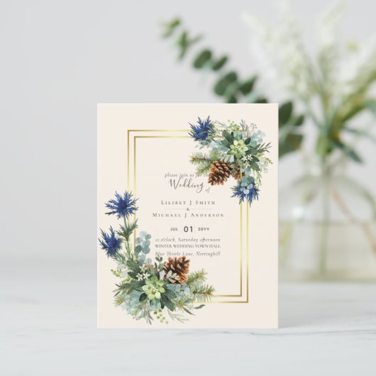 Papier BUDGET Hiver Bleu Chardon Mariage Invite (Debout devant)