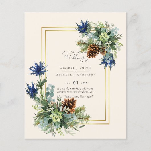 Papier BUDGET Hiver Bleu Chardon Mariage Invite (Devant)