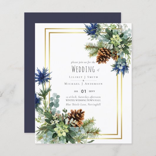 Papier BUDGET Hiver Bleu Chardon Mariage Invite (Devant / Derrière)