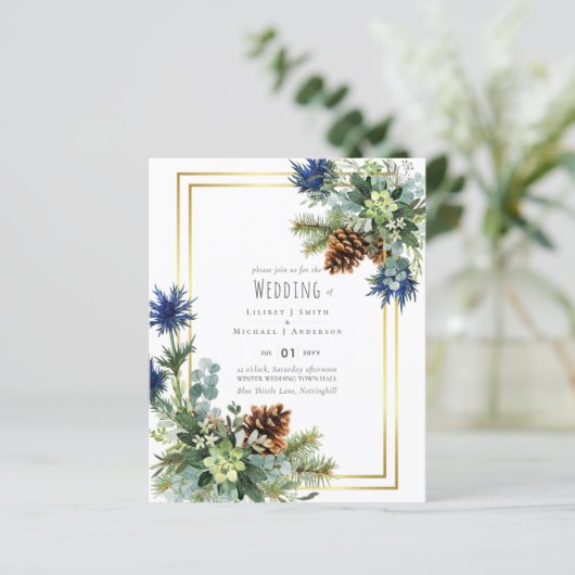 Papier BUDGET Hiver Bleu Chardon Mariage Invite (Debout devant)