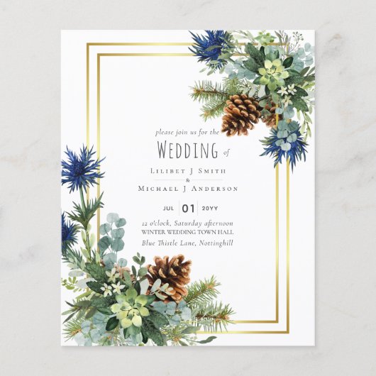 Papier BUDGET Hiver Bleu Chardon Mariage Invite (Devant)
