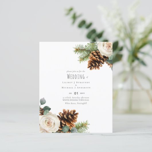 Papier BUDGET Hiver Eucalyptus Pine Cônes Mariage (Debout devant)