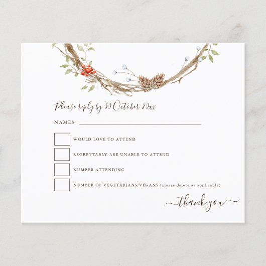 Papier Budget Hiver Pines Berries Festive Mariage RSVP (Devant)