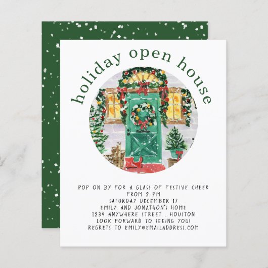 Papier Budget Holiday Open House Party Invitation vert (Devant / Derrière)