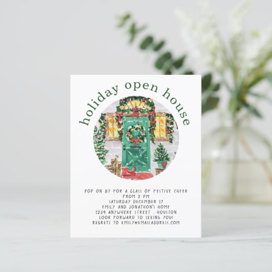 Papier Budget Holiday Open House Party Invitation vert (Debout devant)
