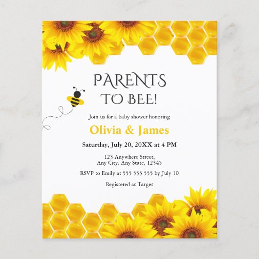 Papier Budget Honeypeb Parents to Bee Baby shower Invitat (Devant)