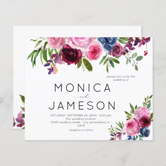 Papier Budget Hot rose et bleu marine Floral Mariage 2 (Devant / Derrière)