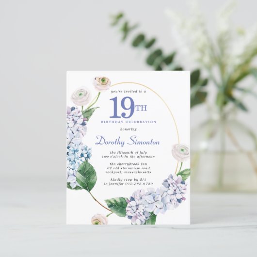 Papier Budget Hydrangea Rose 19e anniversaire Invitation (Debout devant)