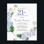 Papier Budget Hydrangea Rose 21e anniversaire Invitation<br><div class="desc">Des fleurs d'hydrangée bleue et des roses roux décorent un cadre ovale doré. Une botanique moderne ouverte et aérée.</div>