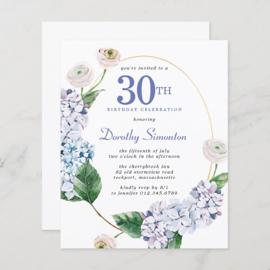 Papier Budget Hydrangea Rose 30e anniversaire Invitation (Devant / Derrière)