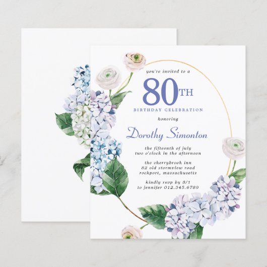 Papier Budget Hydrangea Rose 80e anniversaire Invitation (Devant / Derrière)