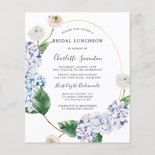 Papier Budget Hydrangea Rose Déjeuner nuptiale Invitation (Devant)