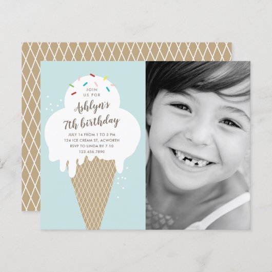 Papier Budget Ice crème cône anniversaire de enfant invit (Devant / Derrière)