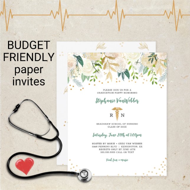 Papier Budget Infirmière Diplôme Blanc Or Floral (Créateur téléchargé)