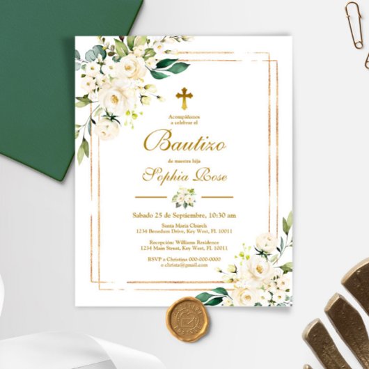 Papier Budget Invitación de Rosas Blancas para Bautizo