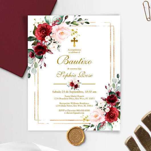 Papier Budget Invitación de Rosas Rojas para Bautizo