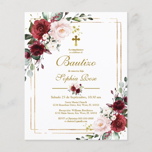 Papier Budget Invitación de Rosas Rojas para Bautizo (Devant)
