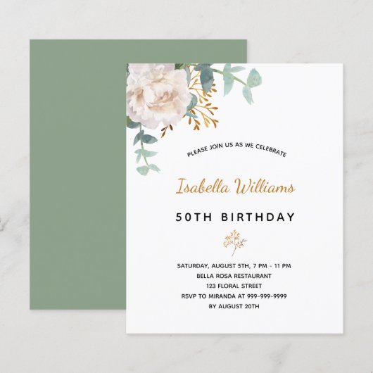 Papier BUDGET Invitation à l'eucalyptus floral d'annivers (Devant / Derrière)