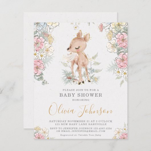 Papier BUDGET Invitation Baby shower floral de cerfs de b (Devant / Derrière)