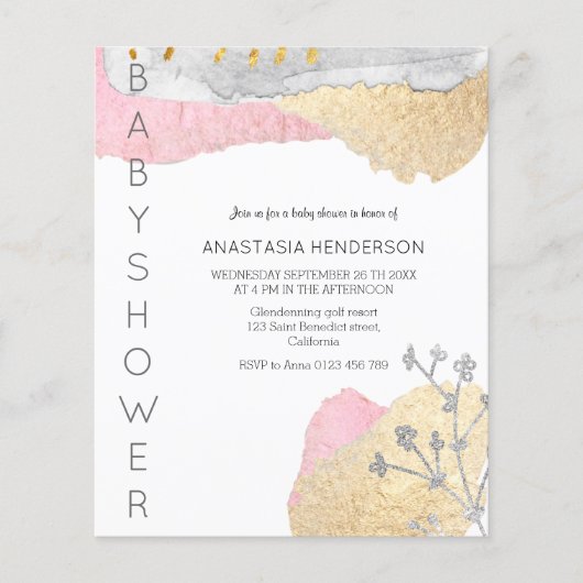 Papier Budget Invitation Baby shower simple. (Devant)