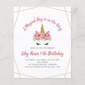 Papier BUDGET Invitation d'anniversaire | Floral Unicorn (Devant)