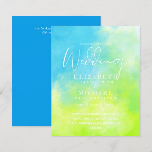 Papier BUDGET Invitation de mariage aquarelle eau Ocean B (Devant / Derrière)