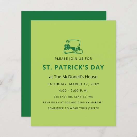 Papier Budget Invitation Jour de la Saint Patrick simple (Devant / Derrière)