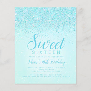 Papier Budget Invitations Sweet 16 avec paillettes Aqua