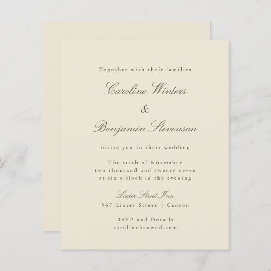 Papier Budget Ivory Olive Élégant Mariage Invitation (Devant / Derrière)