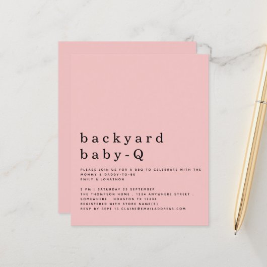 Papier Budget Jardin rose bébé Q BBQ Invitation douche (Devant/Arrière en situation)