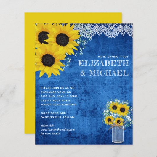 Papier BUDGET Jaune Bleu Tournesols Mariage Invitation (Devant / Derrière)