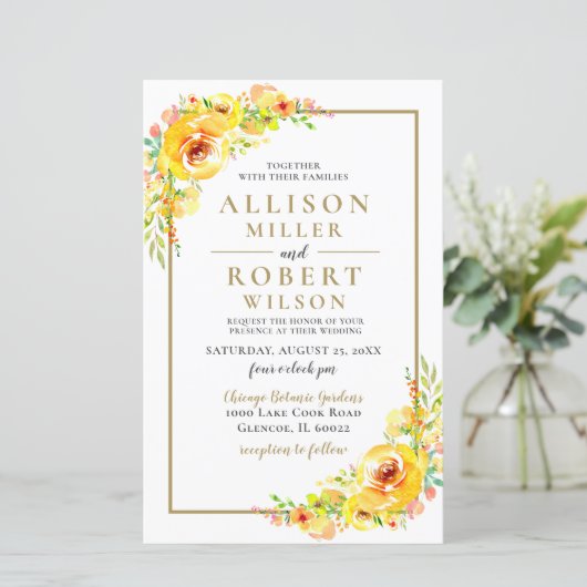 Papier Budget Jaune Floral Russe Faire-part de mariage (Debout devant)
